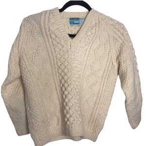 Cream 100% Pure Virgin Wool Irish Fisherman Cable Knit V-Neck Sweater Size XS